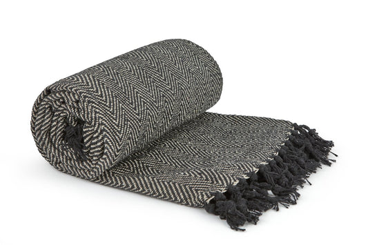 Emma Barclay Herringbone - Recycled Cotton Patterned Chair Sofa Setee Bed Throw Over Blanket in Black