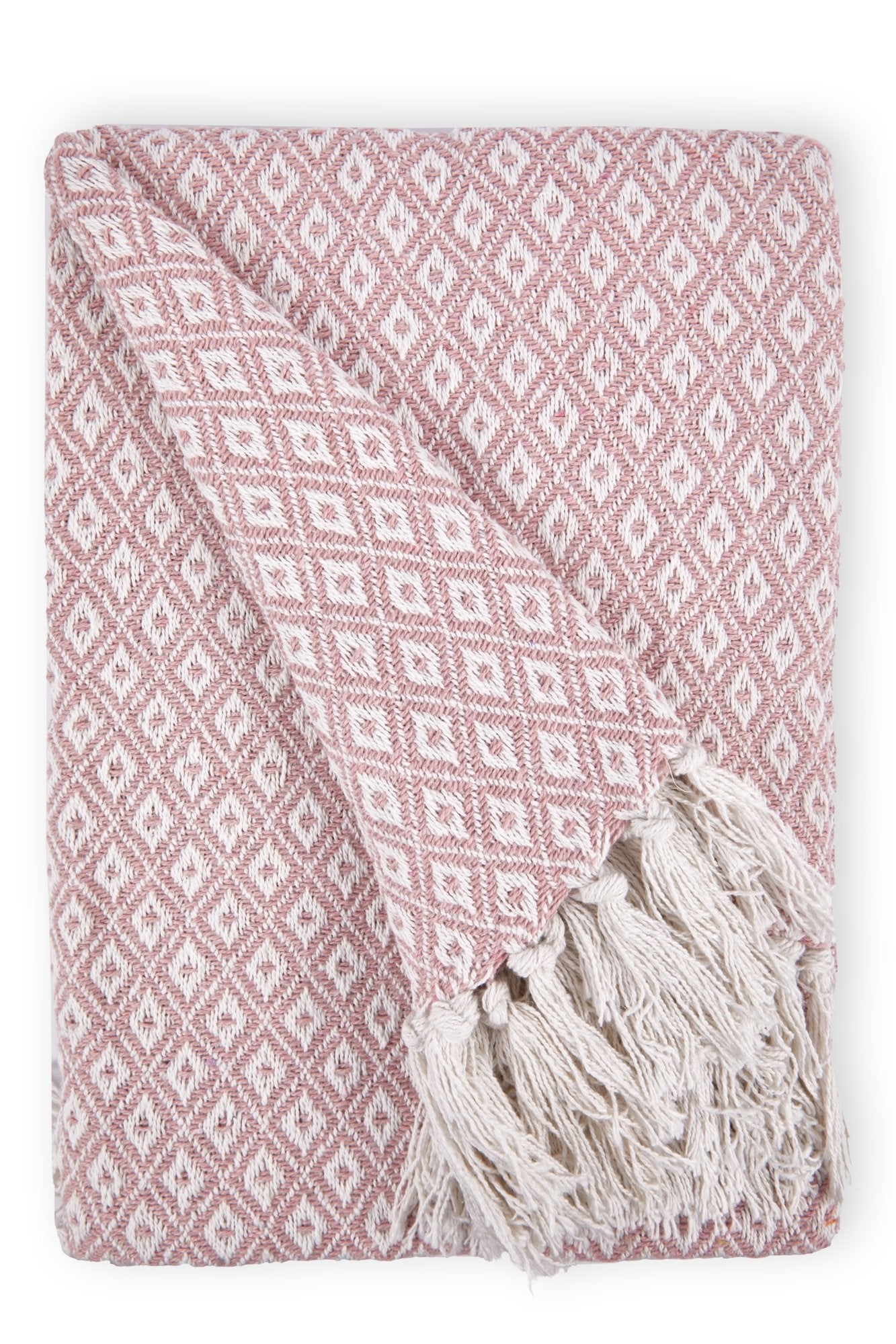 Casablanca Blush Pink Recycled Cotton Geometric Pattern Tasselled Throw Blanket