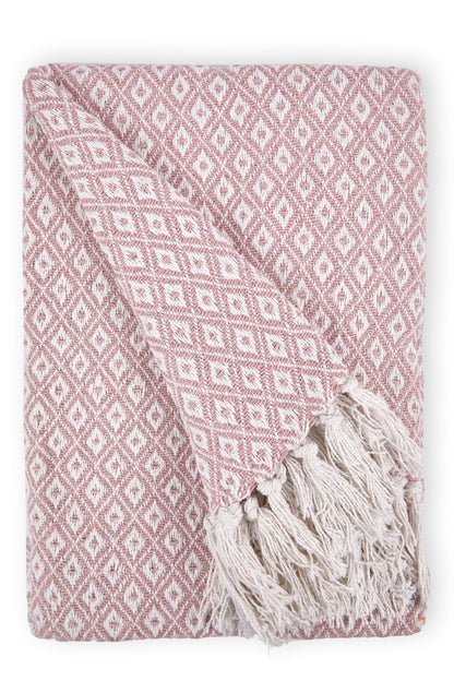Casablanca Blush Pink Recycled Cotton Geometric Pattern Tasselled Throw Blanket