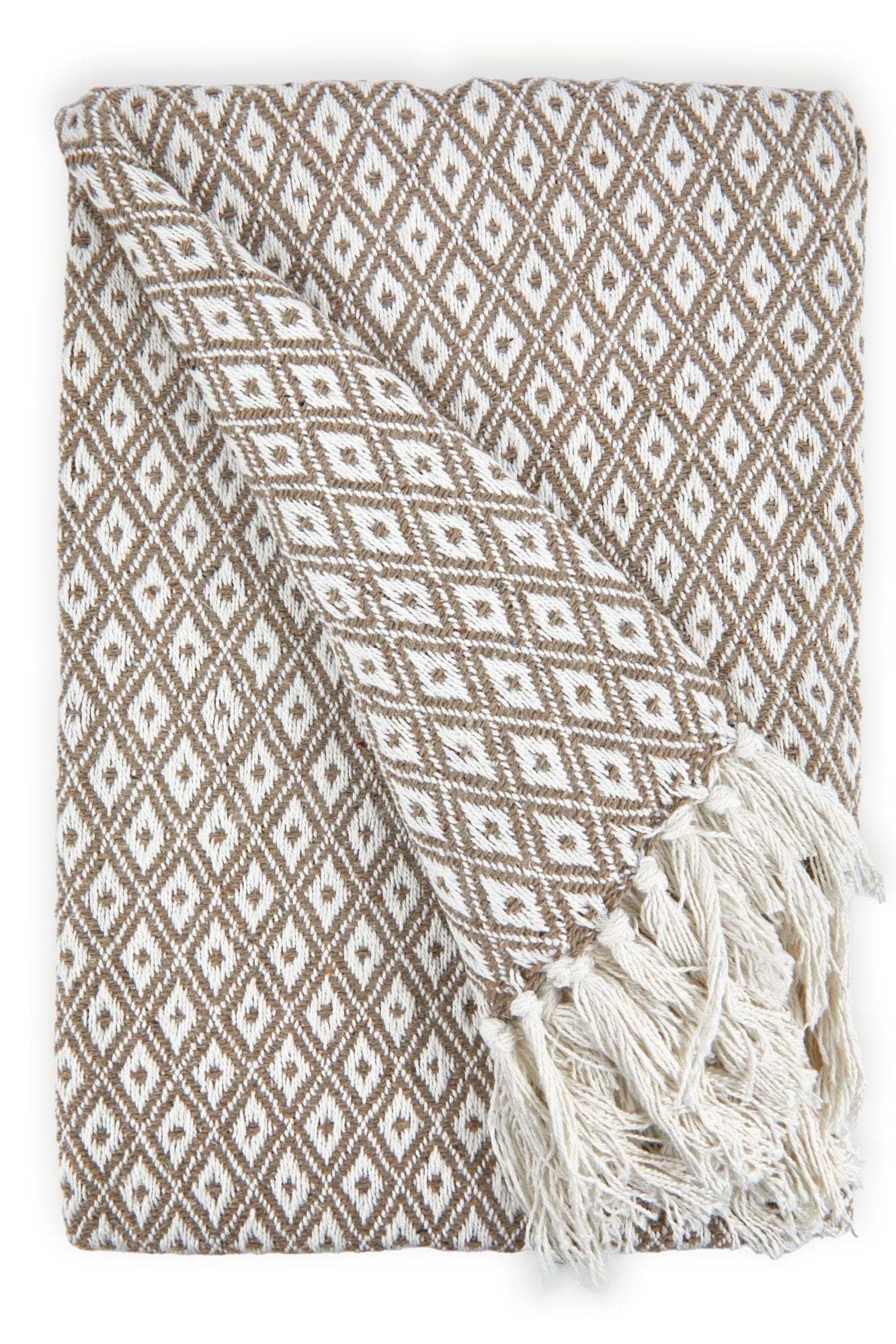 Casablanca Recycled Cotton Geometric Throw Blanket in Taupe Tasselled