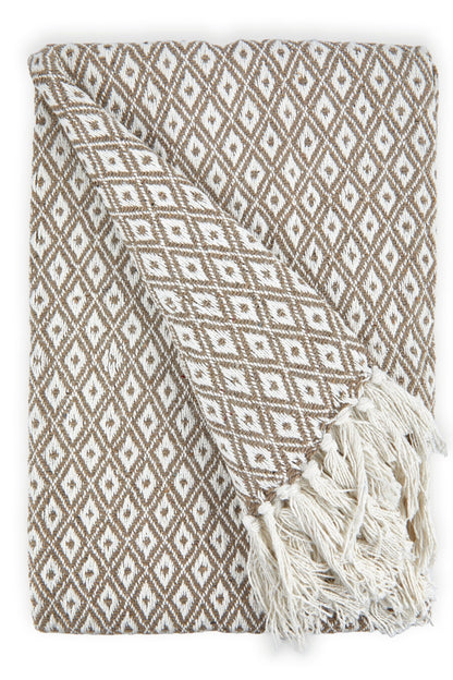 Casablanca Recycled Cotton Geometric Throw Blanket in Taupe Tasselled