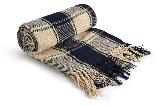 Emma Barclay Frisco - Recycled Cotton Traditional Check Chair Sofa Setee Throw Over Blanket in Navy Blue