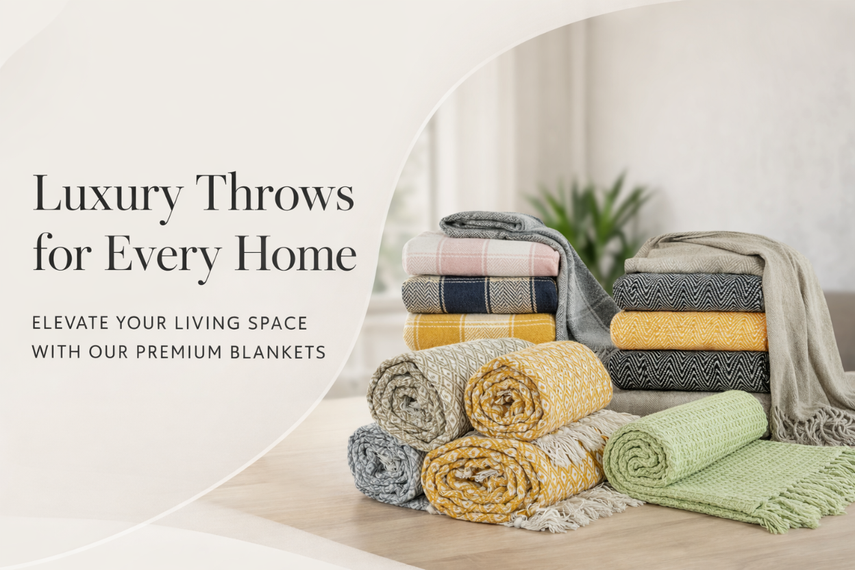 Stack of folded blankets in various colors on a wooden surface with text about luxury throws.

